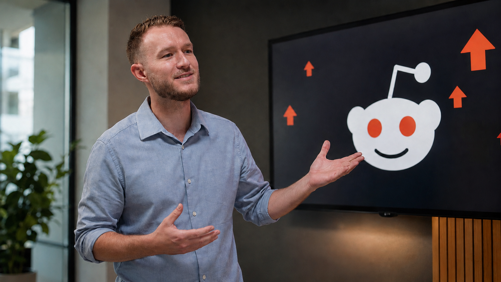 IMPACT coach Austin Mock teaching about reddit marketing strategies for businesses in a conference room