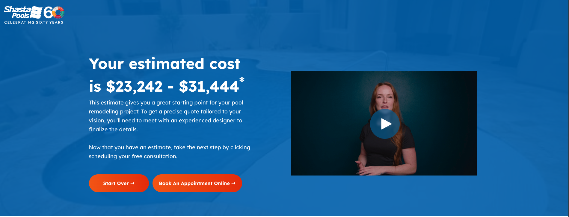 Project cost estimate page from Shasta Pool's pool remodeling pricing calculator