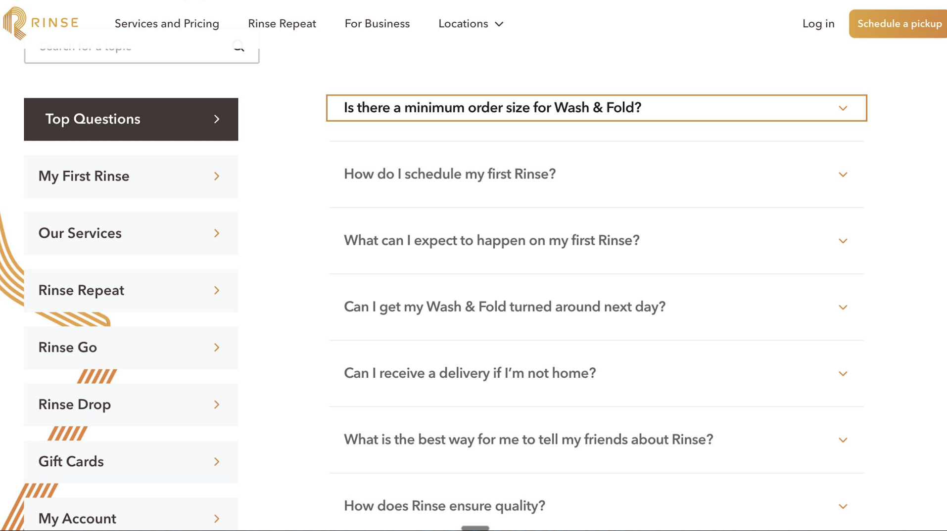 example of a website faq page that is optimized for AI visibility from Rinse laundry services