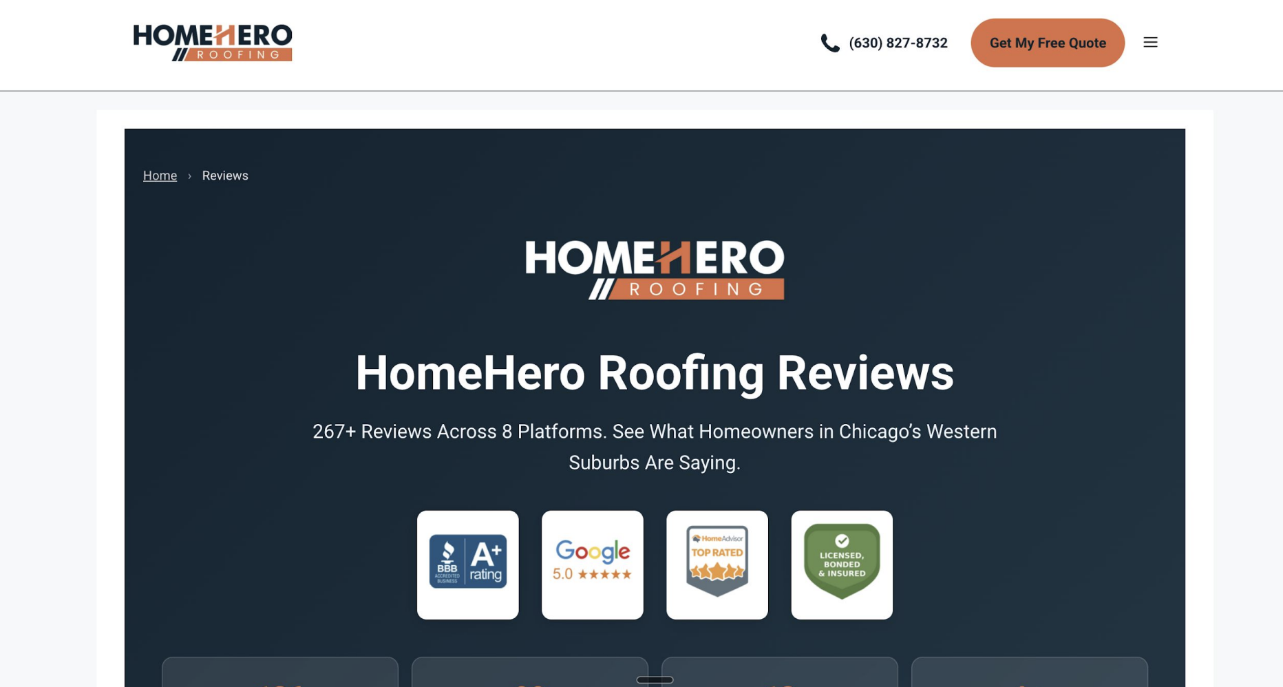 example of a business reviews page from HomeHero Roofing