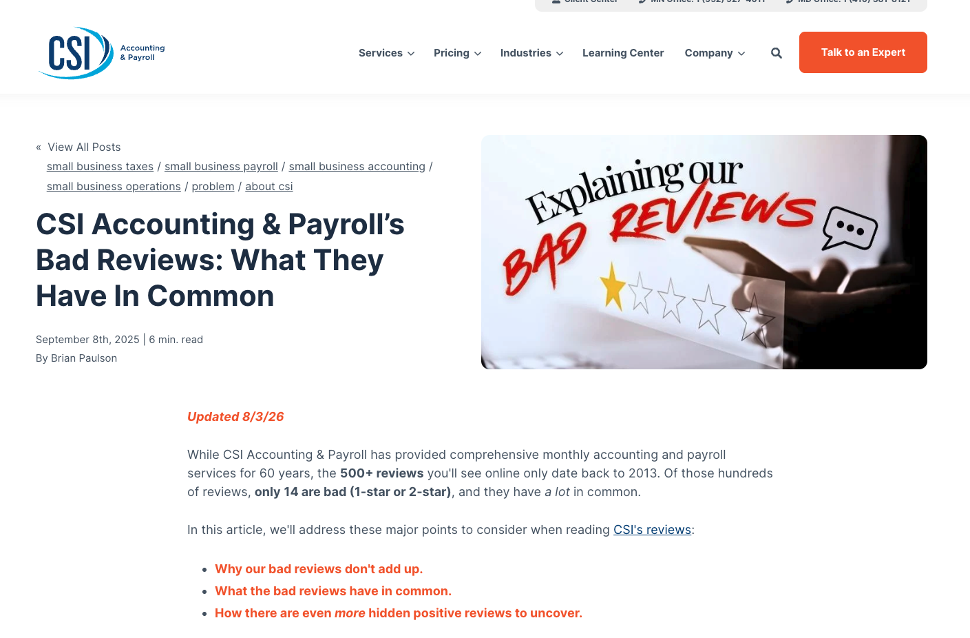 CSI Accounting bad reviews article example