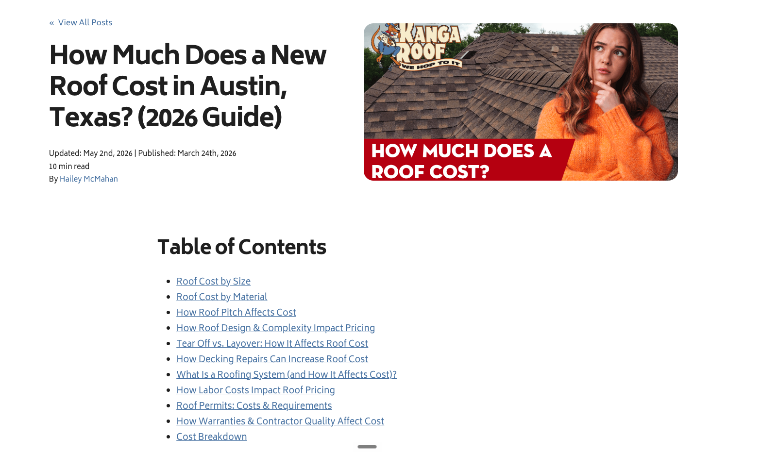 example cost and pricing article from KangaRoof in Austin Texas